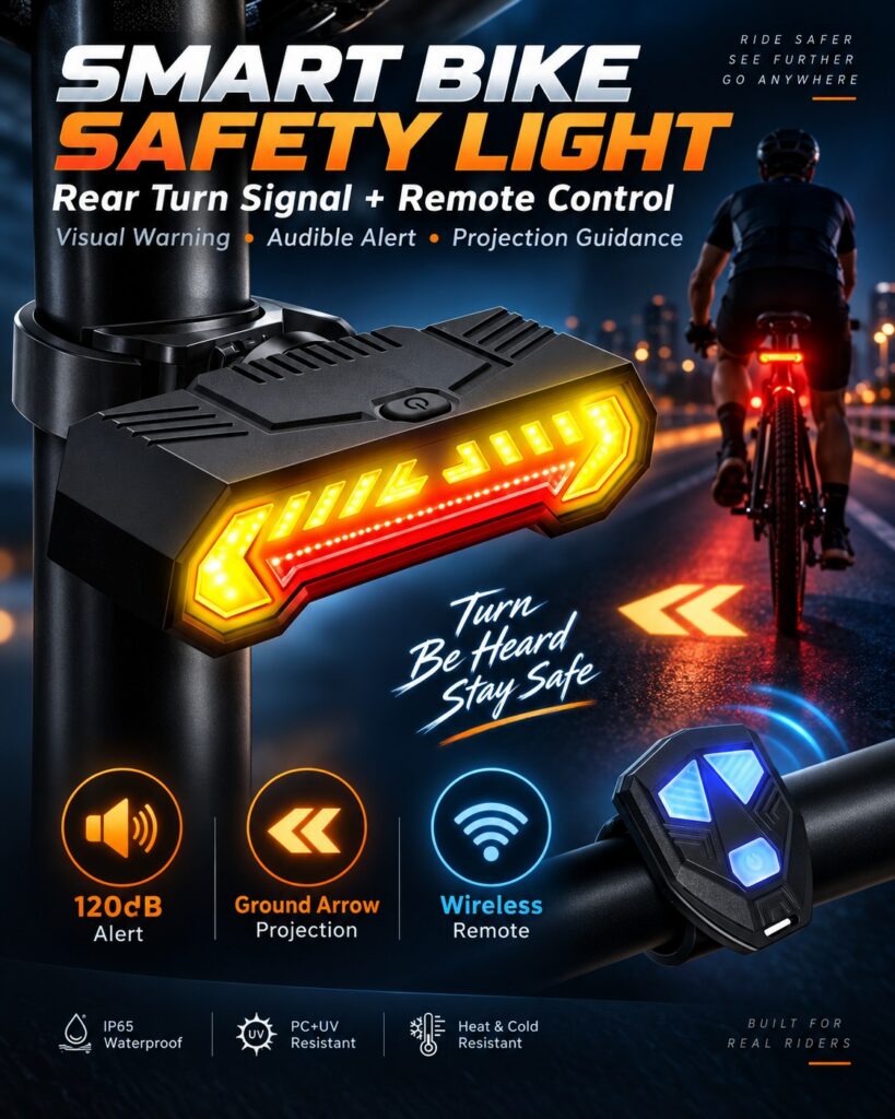 Smart Bike Tail Light, Remote Turn Signals with 120dB Audio Warning & Virtual Lane Projection, USB-C Rechargeable