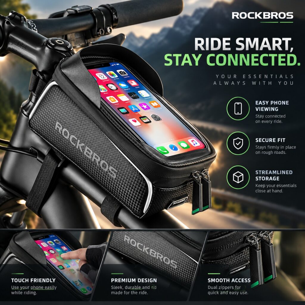 E-Bike/Bicycle Phone Front Frame Bag, Waterproof, Tube Cycling Pouch